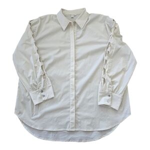 Grey Shirt Womens XL White Crochet Long Sleeves Button Up Collared Coastal Fairy